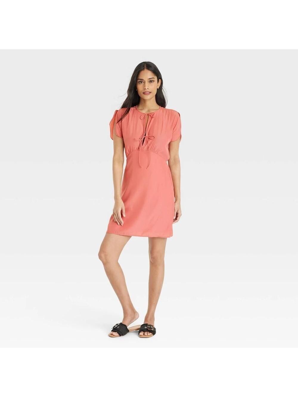 Women's Tie-Front Flutter Mini a-Line Dress  Universal Thread Pink M Side Pocket